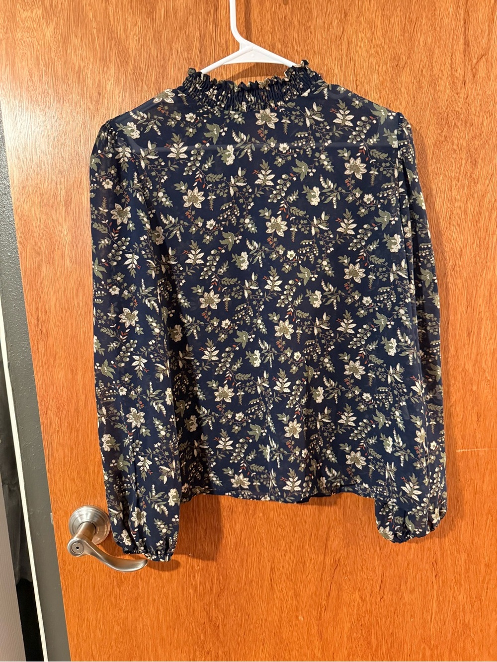 Floral Print Long Sleeve Smocked Neck Top - Navy
